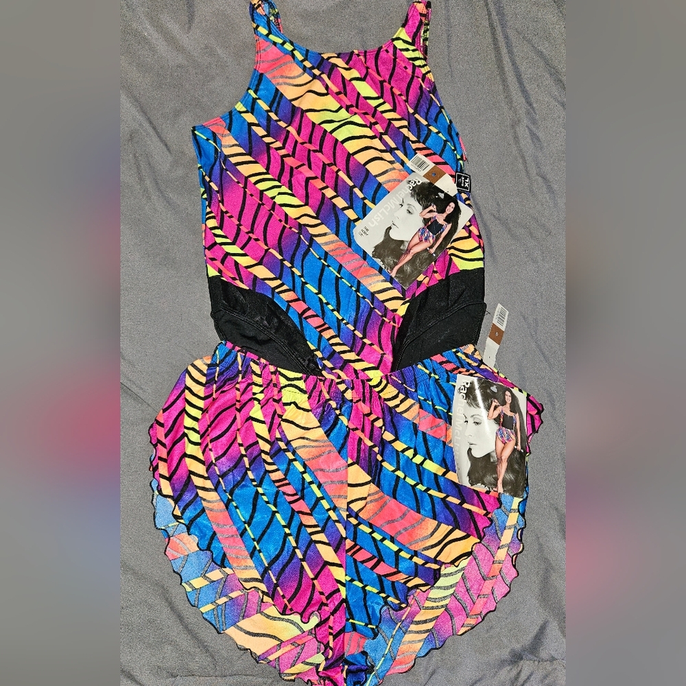 Vintage Rachel McLish “The Body Co.” Neon Leotard & Matching Ruffle Shorts NWT